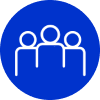A blue circle with three people in it