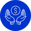 A blue circle with two hands holding money