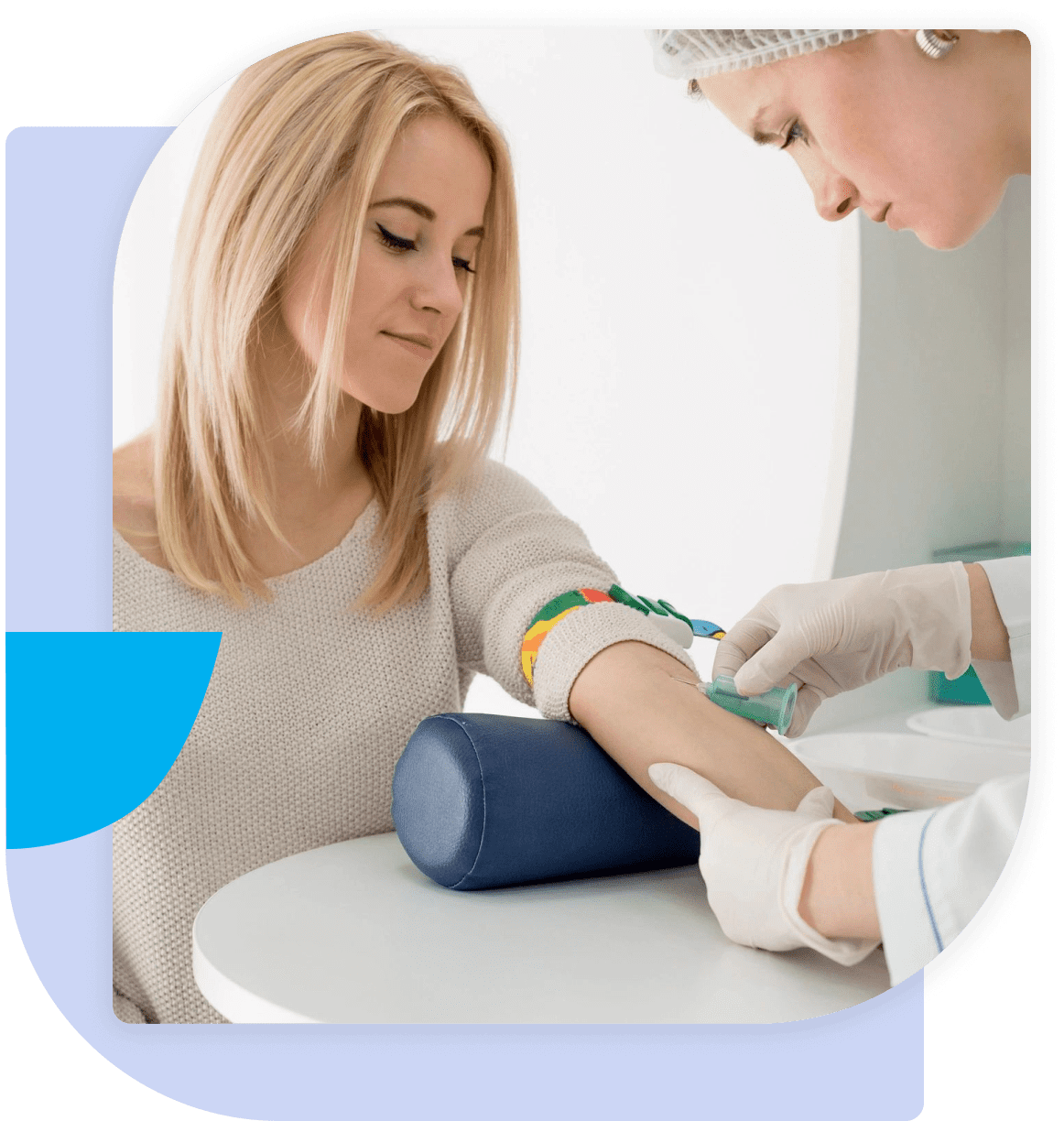 A woman is getting her arm measured by an expert.