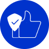 A blue circle with a thumbs up and a check mark.
