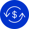 A blue circle with arrows and dollar sign in the middle.