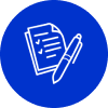 A blue circle with an image of a pen and paper